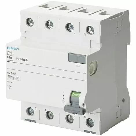 Siemens Interrupteur Différentiel Pur 4 Pôles 63A 30mA AC Type 4 Modules 5SV43460 1 Siemens Interrupteur Différentiel Pur 4 Pôles 63A 30mA AC Type 4 Modules 5SV43460